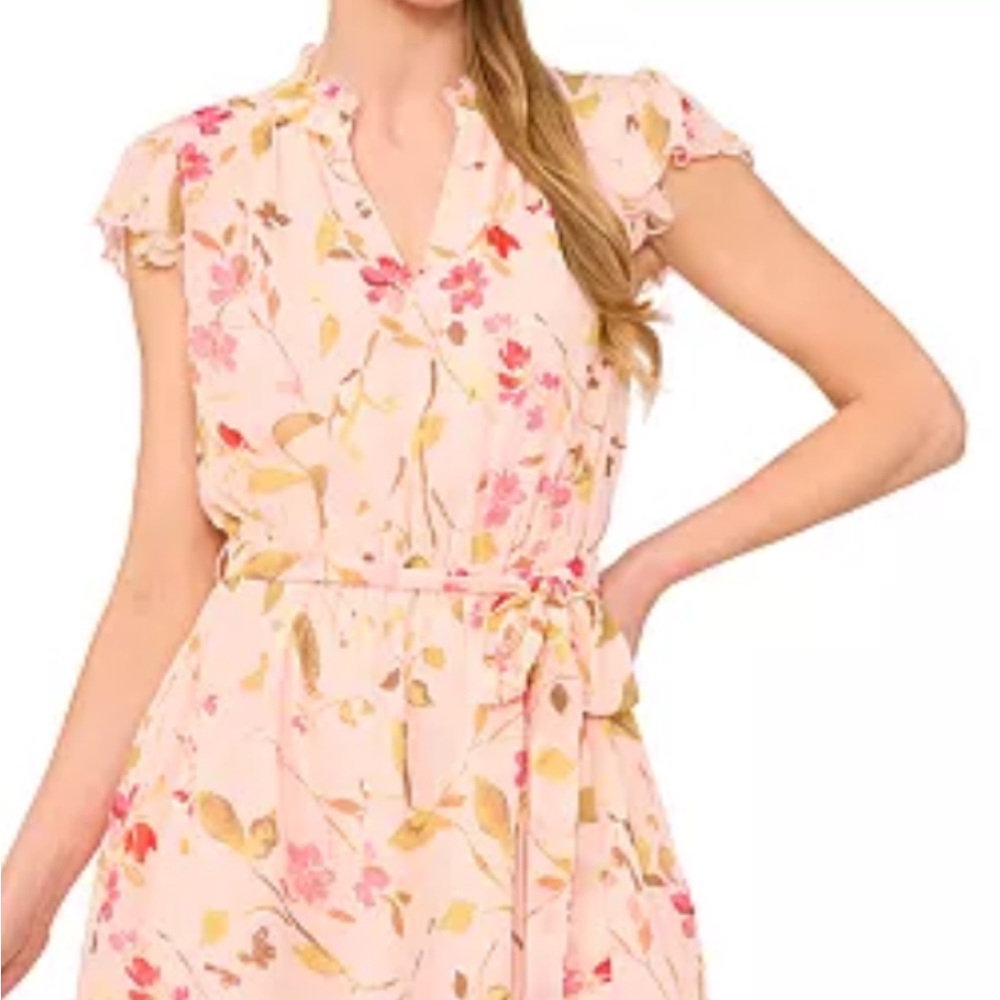 Floral Peach/Pink Dress with Ruffle Sleeves